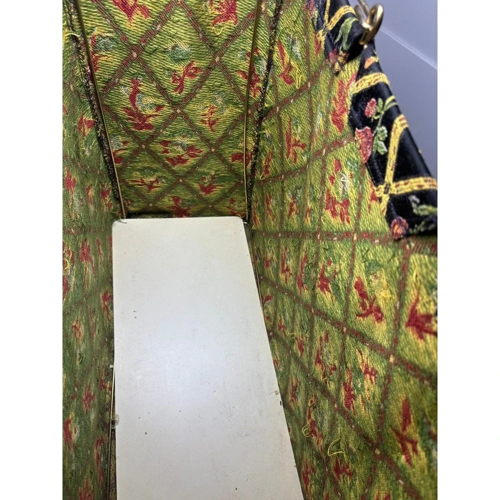 Vintage Tapestry Knitting Bag Black Floral Diamond Trellis Metal Frame Tote